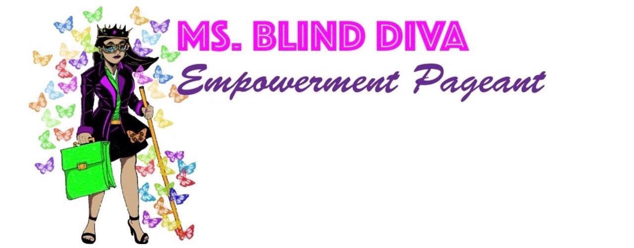 Miss Blind Diva Logo: a young business woman with a stylish business casual outfit and a crown on her head. She is holding a cane, a green suitcase, and is surrounded by beautiful multi-color butterflies.